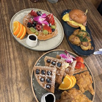 O2 Eatery - Sweet Tooth - Crispy Chicken & Waffles; Sweet Tooth - Waffle with Berries; Breakfast Sandwich - Breakfast & Brunch Near Me - Berkeley, California