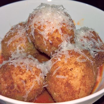 Dot Dot Dot - Arancini de Carnoroli taleggio stuffed risotto fritter, spring peas, nduja tomato sauce - Cocktail Bars Near Me - Charlotte, North Carolina