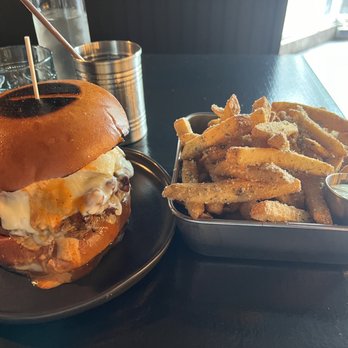 Burger Box - Breakfast burger, lavender lemonade and truffle Parmesan fries - Burgers Near Me - New Paltz, New York