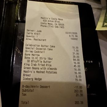 Mastro's Steakhouse - Bill - Steakhouses Near Me - Costa Mesa, California Mastro's Steakhouse - Bill - Steakhouses Near Me - Costa Mesa, California