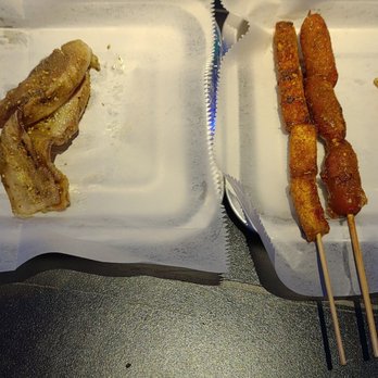 Xinjiang BBQ - Left to right... Mini Sweet Sausage, Fish Tofu, and Pork Belly (non-spicy on the left tray, mild spiciness on the right tray) - Asian Fusion Near Me - San Diego, California Xinjiang BBQ - Left to right... Mini Sweet Sausage, Fish Tofu, and Pork Belly (non-spicy on the left tray, mild spiciness on the right tray) - Asian Fusion Near Me - San Diego, California