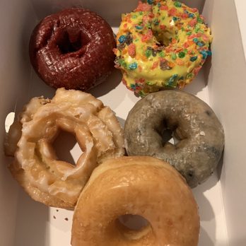Bedford Hello Donuts - Red Velvet Cake, fruity pebble, Blueberry Cake, Plain Buttermilk, and a classic plain glazed! - Donuts Near Me - Bedford, Texas