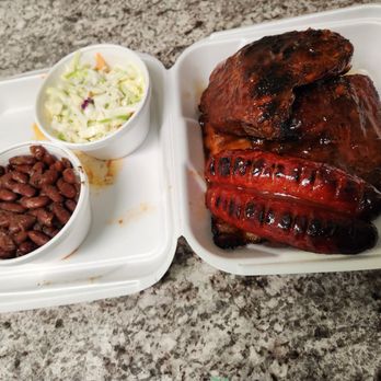 Uncle Andre's BBQ - Combination plate with sides of coleslaw, along with red beans and rice. - Barbeque Near Me - Studio City, California