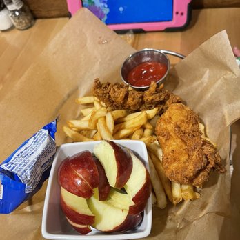 Bricktown Brewery - Kids chicken tenders with fries AND apples (cookie is a freebie treat they add) - Breweries Near Me - Lawton, Oklahoma