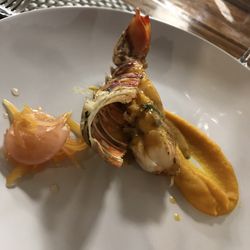 Blue 11 - Grilled Lobster with pumpkin mash, pickled mango and radish, and annatto butter