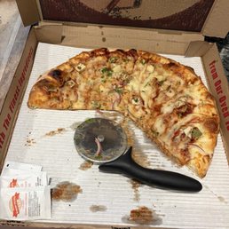 Leftover large BBQ chicken pizza. Leftover large BBQ chicken pizza.