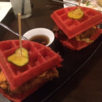 Therapy  - Chicken and Red Velvet Waffle Slider... TERRIBLE! Chicken lacks flavor. Strange combination of sauce and syrup - Bars Near Me - Las Vegas, Nevada