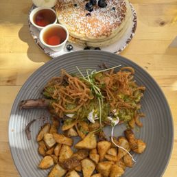 Blueberry pancakes & short rib Benedict Blueberry pancakes & short rib Benedict
