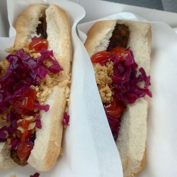 IKEA - Veggie hot dogs with crispy onions and pickled cabbage and ketchup. $1 each. - Furniture Stores Near Me - Ottawa, Ontario