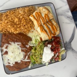 The Pink Agave - Big back burrito with rice, refried beans & guacamole salad