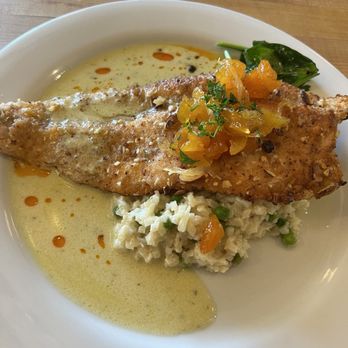Brick 29 - Almond crusted trout on cauliflower-pea risotto - New American Near Me - Nampa, Idaho Brick 29 - Almond crusted trout on cauliflower-pea risotto - New American Near Me - Nampa, Idaho