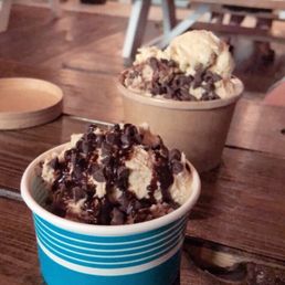 Half "The OG" cookie dough and half "The Girl Scout" cookie dough with chocolate syrup and chocolate chips on top!! Half "The OG" cookie dough and half "The Girl Scout" cookie dough with chocolate syrup and chocolate chips on top!!