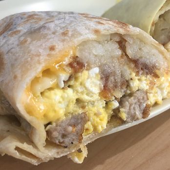 Alpha Omega - Sausage Breakfast Burrito ($9.99) - Close Up / Sliced Open - American Near Me - Covina, California