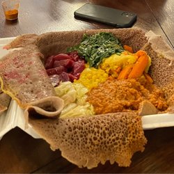 Rehobth Ethiopian Cafe - Vegan Platter. Served on injera and comes with extra. Delicious!