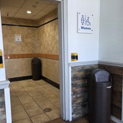 Mobil Gas station has women's restroom, directly in front of you when you walk through the door