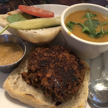 The Floridian - Homemade Black Bean Veggie Burger with Soup. - Southern Near Me - Saint Augustine, Florida The Floridian - Homemade Black Bean Veggie Burger with Soup. - Southern Near Me - Saint Augustine, Florida