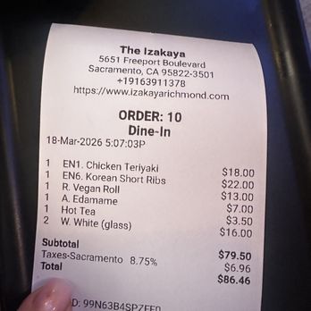 The Izakaya - The bill - Sushi Bars Near Me - Sacramento, California