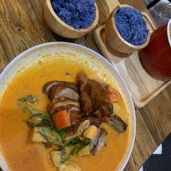 Sup Thai Kitchen  - Crispy duck with pineapple red curry sauce & Coconut Rice - Thai Near Me - Fresh Meadows, New York