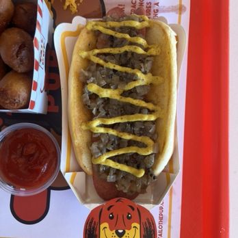 Tail O' the Pup - 1946 pup: split & grilled pup, toasted bun, grilled onions + house mustard = $7.95 - Burgers Near Me - West Hollywood, California Tail O' the Pup - 1946 pup: split & grilled pup, toasted bun, grilled onions + house mustard = $7.95 - Burgers Near Me - West Hollywood, California