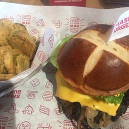 Black bean burger on a pretzel bun