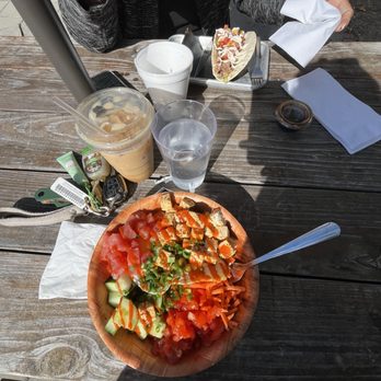 Zeke's - Zeke's Bibimbap Breakfast with ahi tuna. Pumpkin Marshmallow iced latte. Along with 2 Tuna tacos. - Acai Bowls Near Me - Chesapeake, Virginia