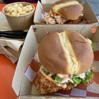 Vivi's Chicken 'n Mac - Front: Vivi's chicken sandwich. Back: side of macaroni 'n cheese with Nashville hot chicken sandwich. Superb! - Salad Near Me - Severna Park, Maryland Vivi's Chicken 'n Mac - Front: Vivi's chicken sandwich. Back: side of macaroni 'n cheese with Nashville hot chicken sandwich. Superb! - Salad Near Me - Severna Park, Maryland
