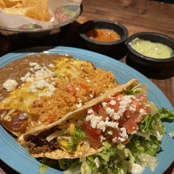 Red River Cantina - The "Maximina's Build Your Own Cominados," with an enchilada and a crispy taco, both with beef picadillo. Delicious! - Mexican Near Me - League City, Texas Red River Cantina - The "Maximina's Build Your Own Cominados," with an enchilada and a crispy taco, both with beef picadillo. Delicious! - Mexican Near Me - League City, Texas