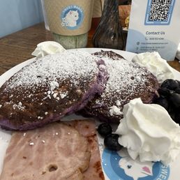Ube soufflé pancake with ham. Lavender Cloud Matcha.