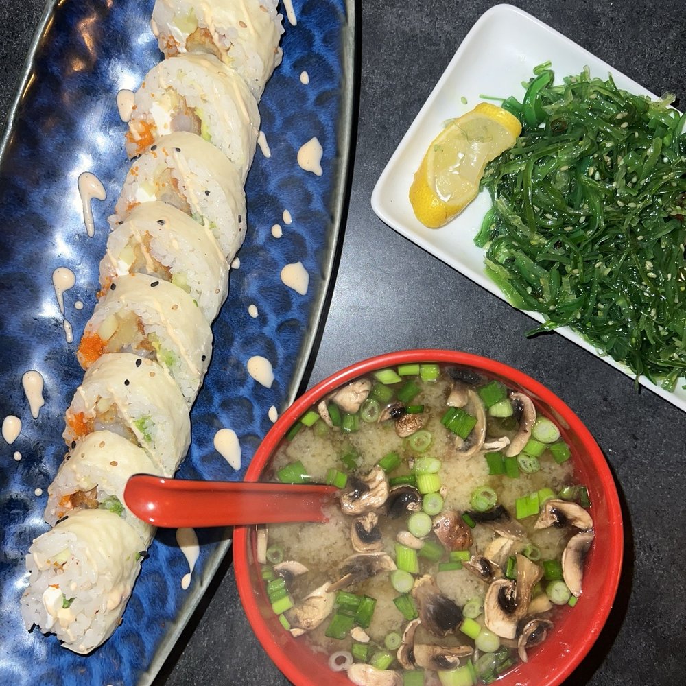 Tima Roll, Miso soup, seaweed salad Tima Roll, Miso soup, seaweed salad