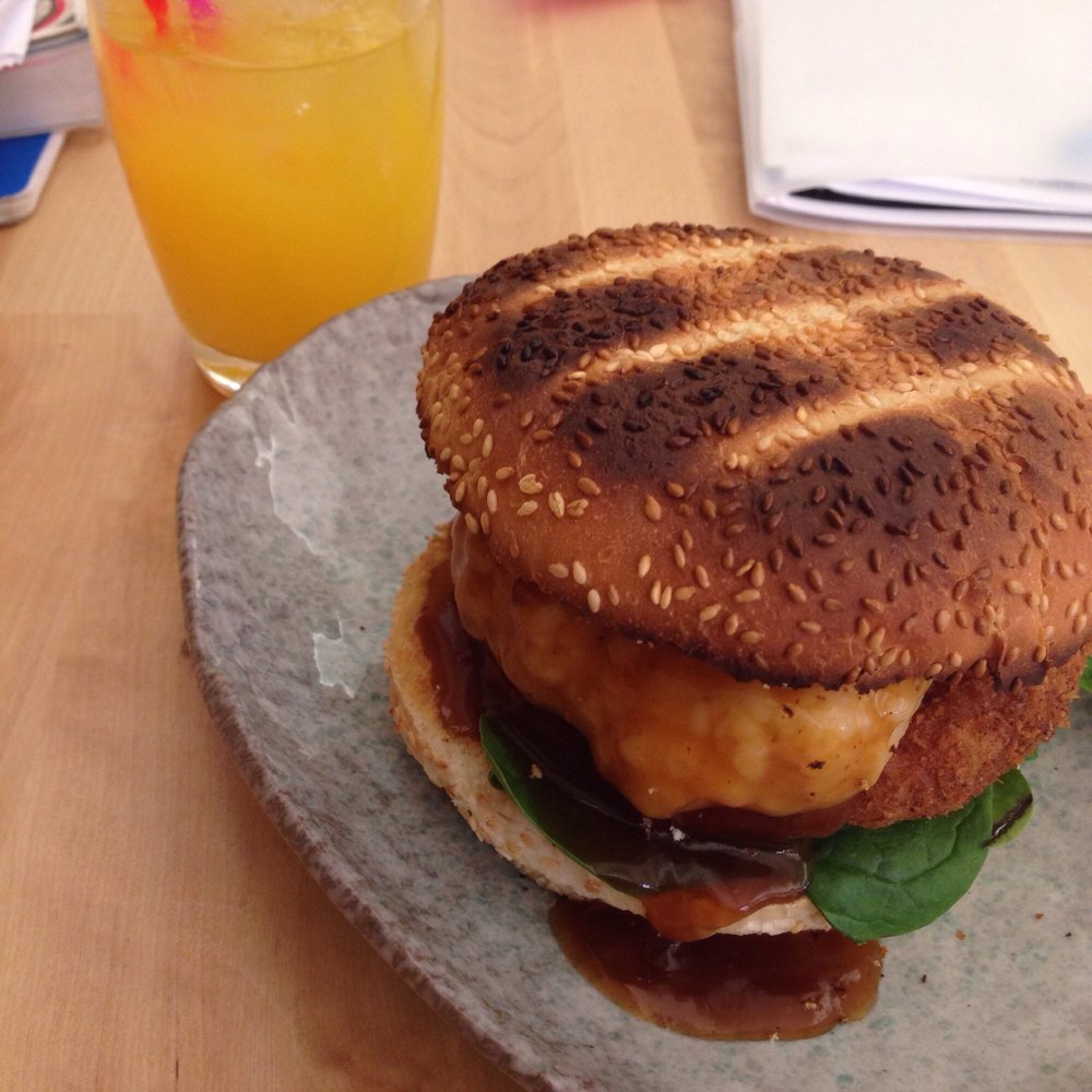 Two-Bit Villains - Fowl Play- panko 'chicken' burger - filled with creamy mash, gravy and baby spinach. - American Near Me - Adelaide, SA Two-Bit Villains - Fowl Play- panko 'chicken' burger - filled with creamy mash, gravy and baby spinach. - American Near Me - Adelaide, SA