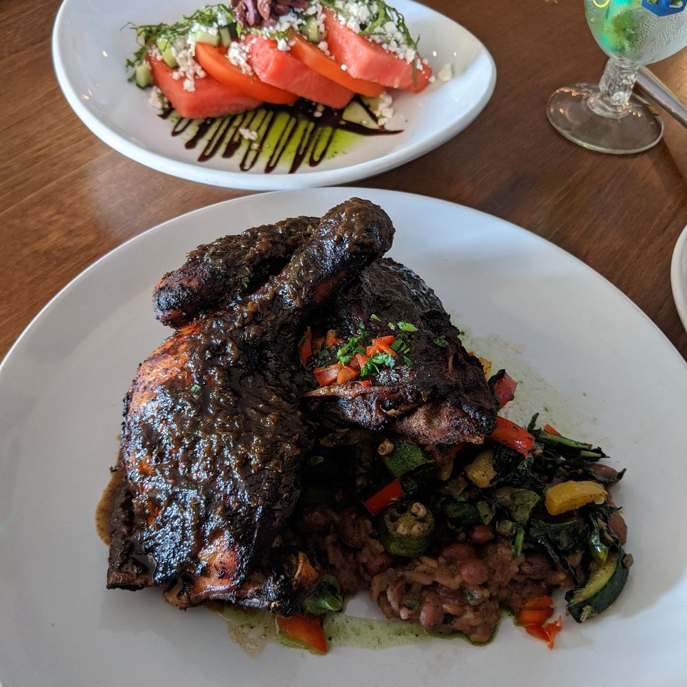 Calypso Edmonds - Watermelon & cucumber salad and jerk chicken. - Caribbean Near Me - Edmonds, Washington Calypso Edmonds - Watermelon & cucumber salad and jerk chicken. - Caribbean Near Me - Edmonds, Washington