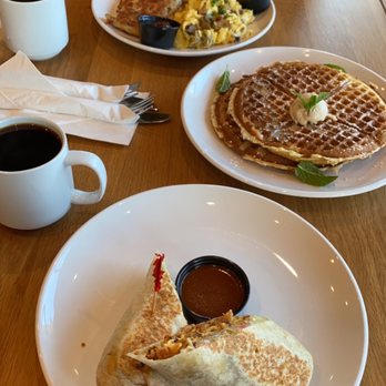 Poached Kitchen - Top: Morning scramble with hash browns and toast  Middle: churro waffles Bottom: breakfast burrito  SO BOMB!! - Breakfast & Brunch Near Me - Irvine, California