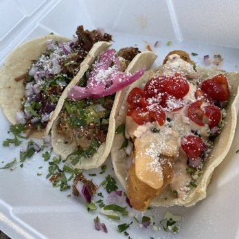 Westside Taco - Blueberry brisket, root beer carnitas, and Baja fish. Mmm, so pretty and so ono! - Tacos Near Me - Bend, Oregon
