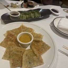 Scallion pancake, dumplings, sushi