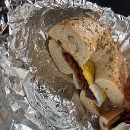 Garlic Herb Bagel with egg bacon and cheese Garlic Herb Bagel with egg bacon and cheese