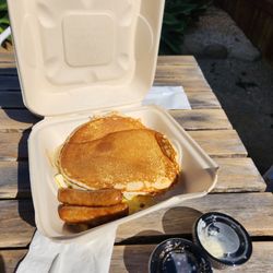 Garrett's Old Fashioned Restaurant - Pancake breakfast with scrambled eggs and sausage.