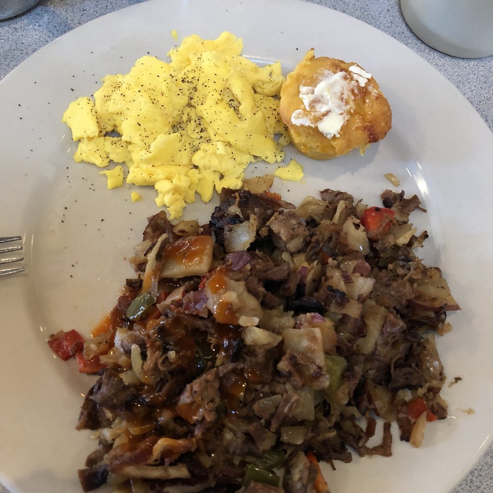 Wishbone - Smoked beef brisket hash with two scrambled eggs and a corn bread muffin - Breakfast & Brunch Near Me - Chicago, Illinois
