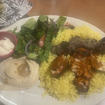 Sam's Pita and Kabab - Combo Kabab Plate 2 Skewers with chicken and beef. The chicken had a cilantro and jalapeno sauce - Middle Eastern Near Me - Riverside, California