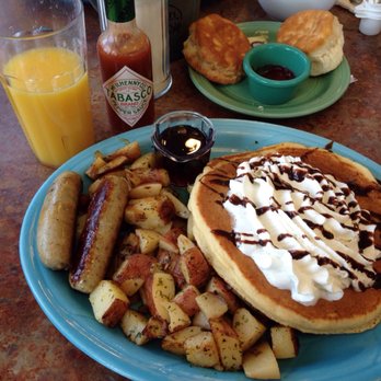 Kitchen Table Cafe - Evergreen Place - Chocolate Chip Pancake, red potatoes, 2 sausage links, biscuits and marmalade/jam, fresh squeezed OJ. - Breakfast & Brunch Near Me - Vancouver, Washington
