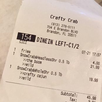 Crafty Crab - Brandon - Total for 2 people drinks included (Soda/juice). - Seafood Near Me - Brandon, Florida Crafty Crab - Brandon - Total for 2 people drinks included (Soda/juice). - Seafood Near Me - Brandon, Florida
