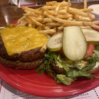 Barnabys Cafe - Impossible Burger and fries w/cheddar cheese - American Near Me - Houston, Texas Barnabys Cafe - Impossible Burger and fries w/cheddar cheese - American Near Me - Houston, Texas