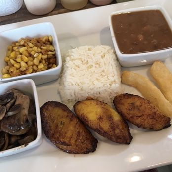 The Colombian Corner - Vegan platter: mushrooms, corn, rice, pintos, yuca fries, plantains. So much goodness happening here. - Colombian Near Me - Lawrenceburg, Kentucky