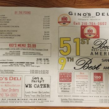 Gino's Deli Stop N Buy  - Menu as of 3/3/26. - Delis Near Me - San Antonio, Texas
