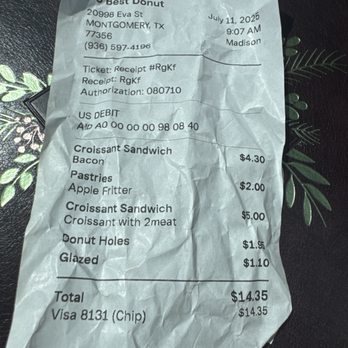 Best Donuts Montgomery - My receipt showing what I purchased and how much I spent. - Donuts Near Me - Montgomery, Texas