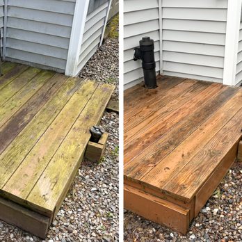 Lakes Soft Washing - Soft washing and pressure washing a small wood deck in Gilford, NH - Gutter Services Near Me