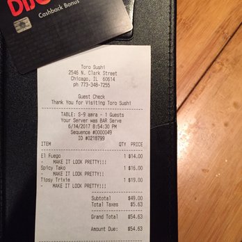 Toro Sushi - Taking note of my request. ;) - Sushi Bars Near Me - Chicago, Illinois