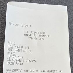 Receipt from gas station showing address and that its a Shell.