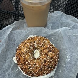 Everything bagel with plain cream cheese and s'mores iced coffee