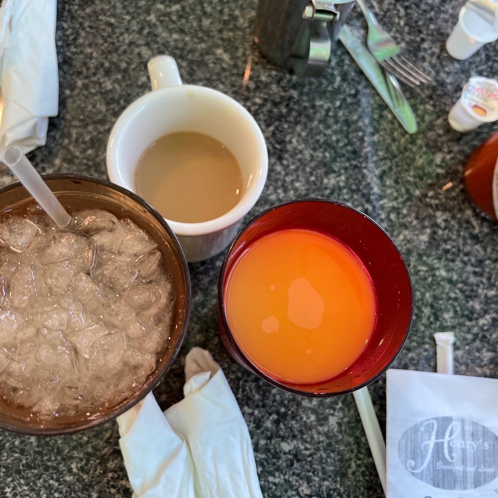 Water, OJ, coffee Water, OJ, coffee
