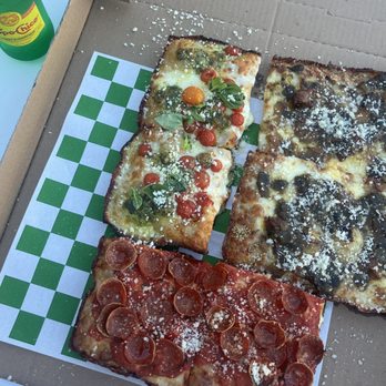 Quarter Sheets - Bianca (top left), Sicilian corner (top right), and pepperoni (bottom) - Pizza Near Me - Los Angeles, California